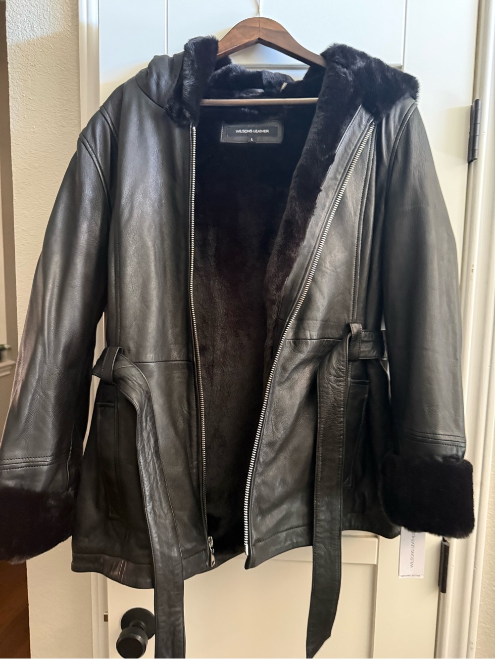 Wilsons Leather Black Faux-Fur Trim Leather Jacket with Belt